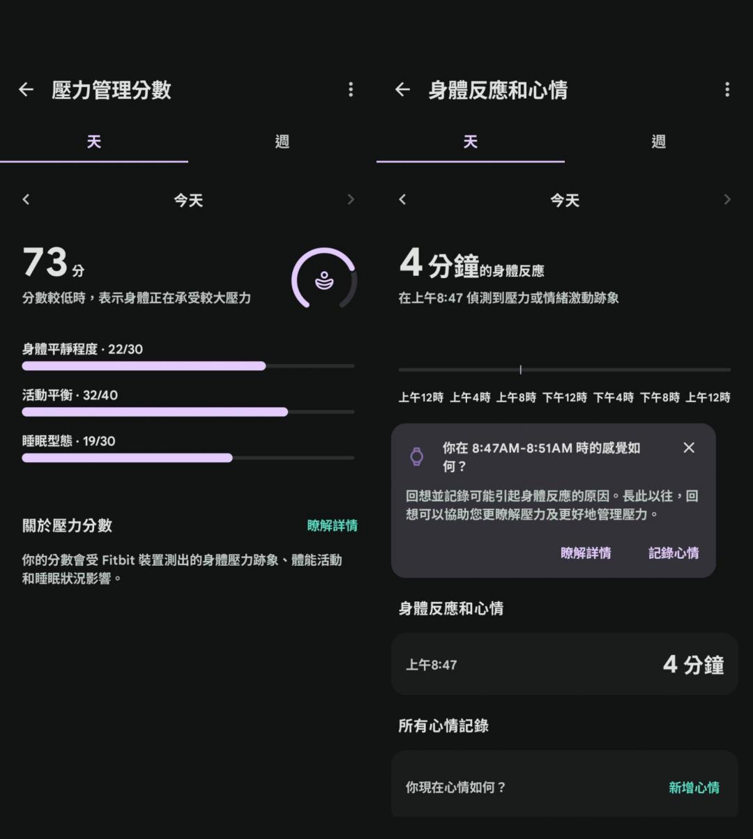 Pixel Watch 4 會計算每天的壓力指數，並且能準確偵測情緒起伏比較劇烈的時刻，協助用戶管理壓力，並且能搭配正念冥想功能適時放鬆。（圖／程式內截圖）
