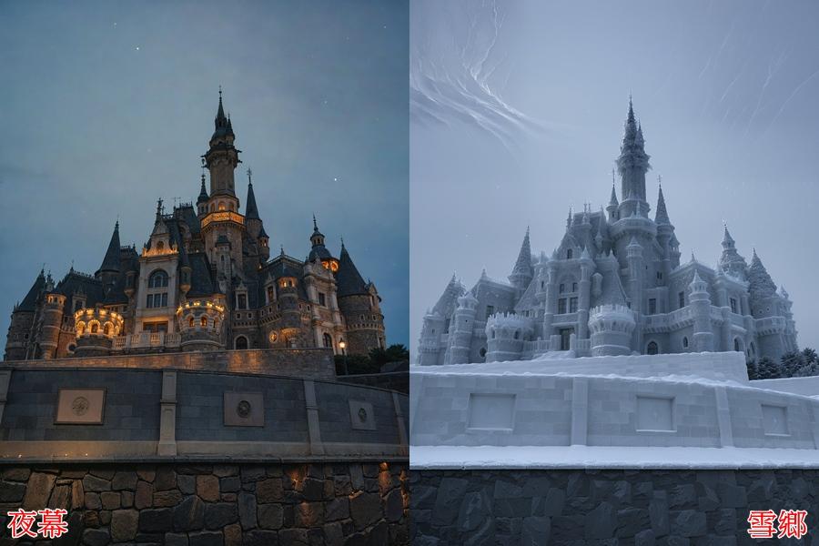 vivo X300 Pro有許多好玩的AI拍照效果，如開啟AI風景功能拍攝風景照時，可選擇不同風格，像左圖為夜幕效果、右則是雪鄉。