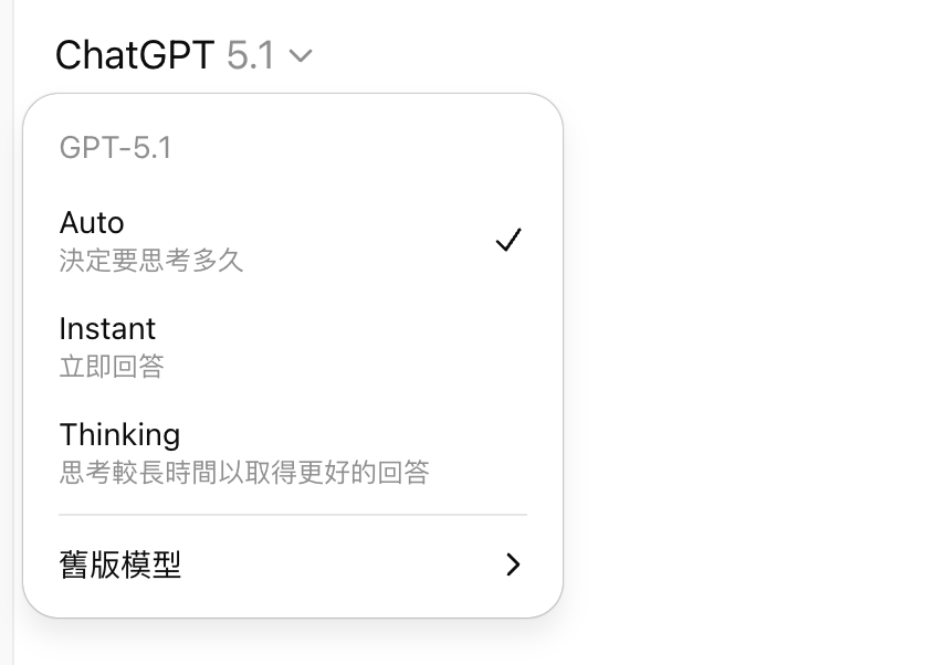 ChatGPT 5.1主要包含Instant和Thinking兩種模式。（圖／翻攝ChatGPT）