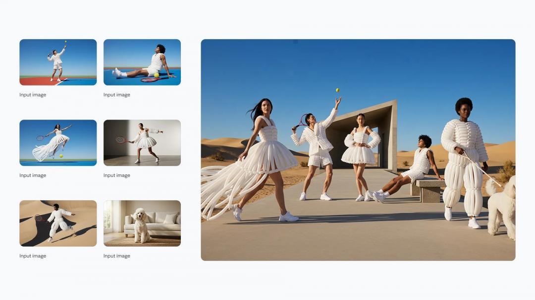 指令：將這6張圖放在同一張照片中，拍攝出一張令人驚豔的的時尚大片風格照片。所有人的身份和服裝必須保持一致，可從不同的角度和距離拍攝，以最自然、最符合場景的方式呈現。（圖／官網）