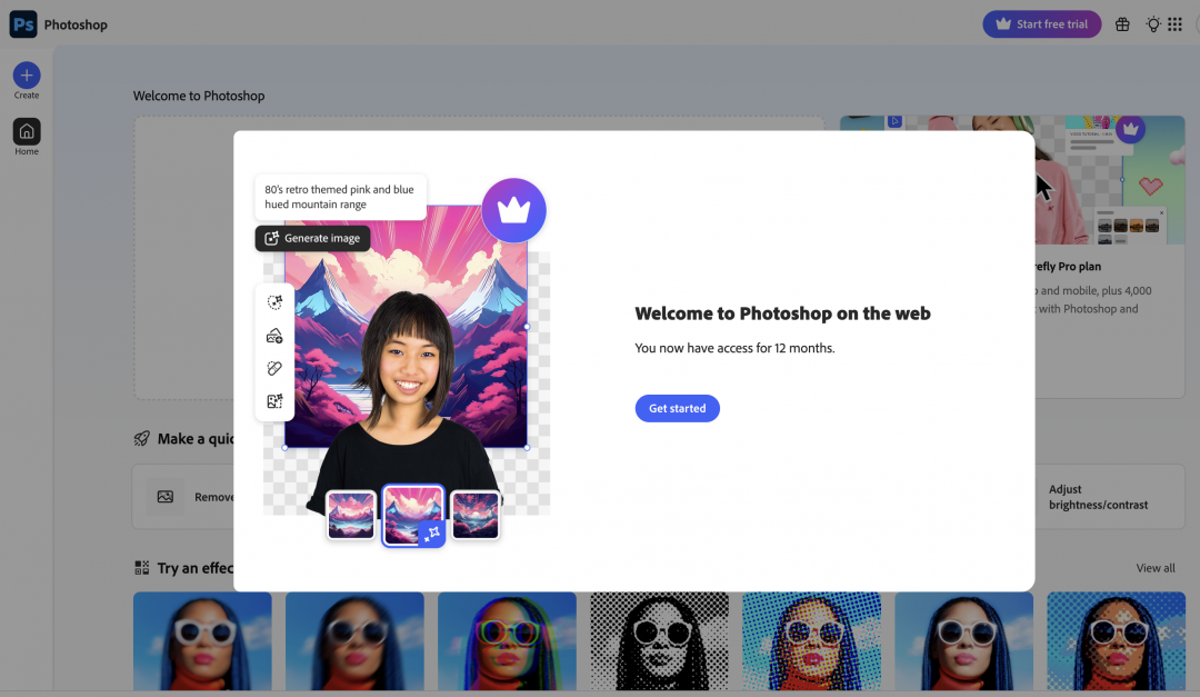 點擊「Get started」註冊或登入帳戶，就能擁有一年Photoshop網頁版免費。（圖／翻攝官網）