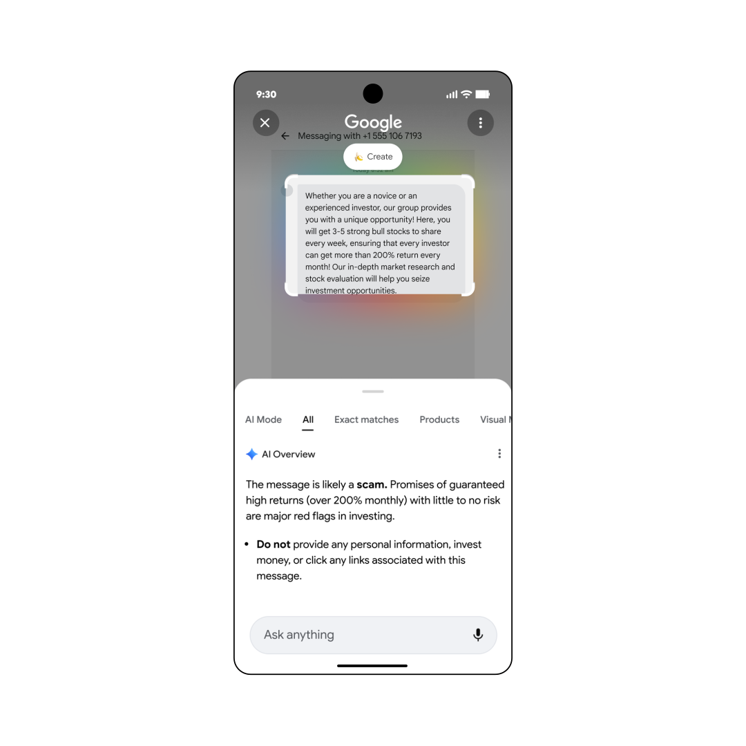 透過「畫圈搜尋」，用戶可輕鬆搜尋螢幕上看到的任何內容，包括可疑的詐騙資訊。（圖／Google）