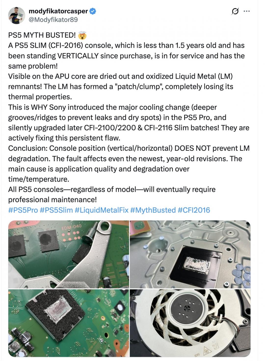 維修專家認為，所有PS5最終都會面臨液態金屬維修問題（圖／翻攝Ｘ）