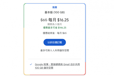 Google AI、雲端空間限時 5 折優惠開跑！每月最低只要 16 元