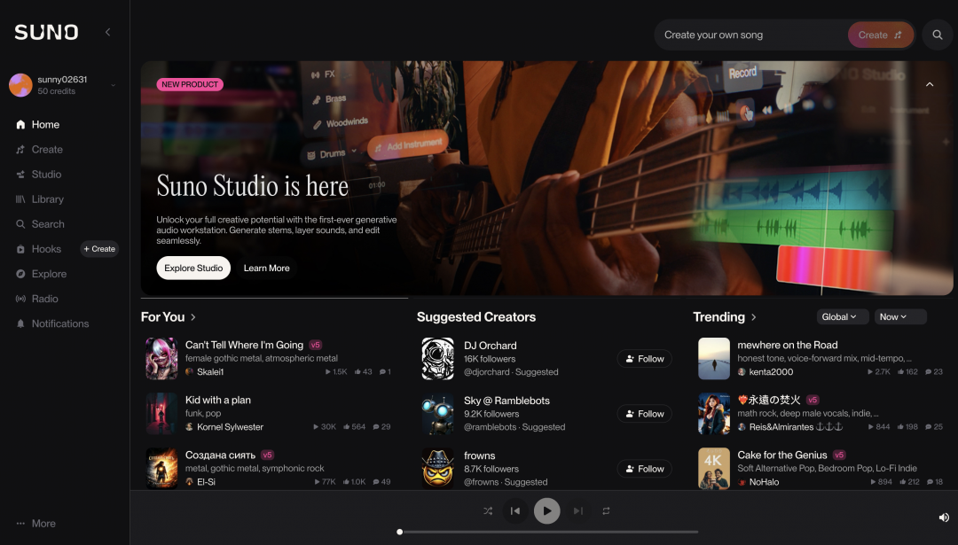 Suno提供免費版，付費每月10美元（約台幣315元）起。（翻攝自Suno）