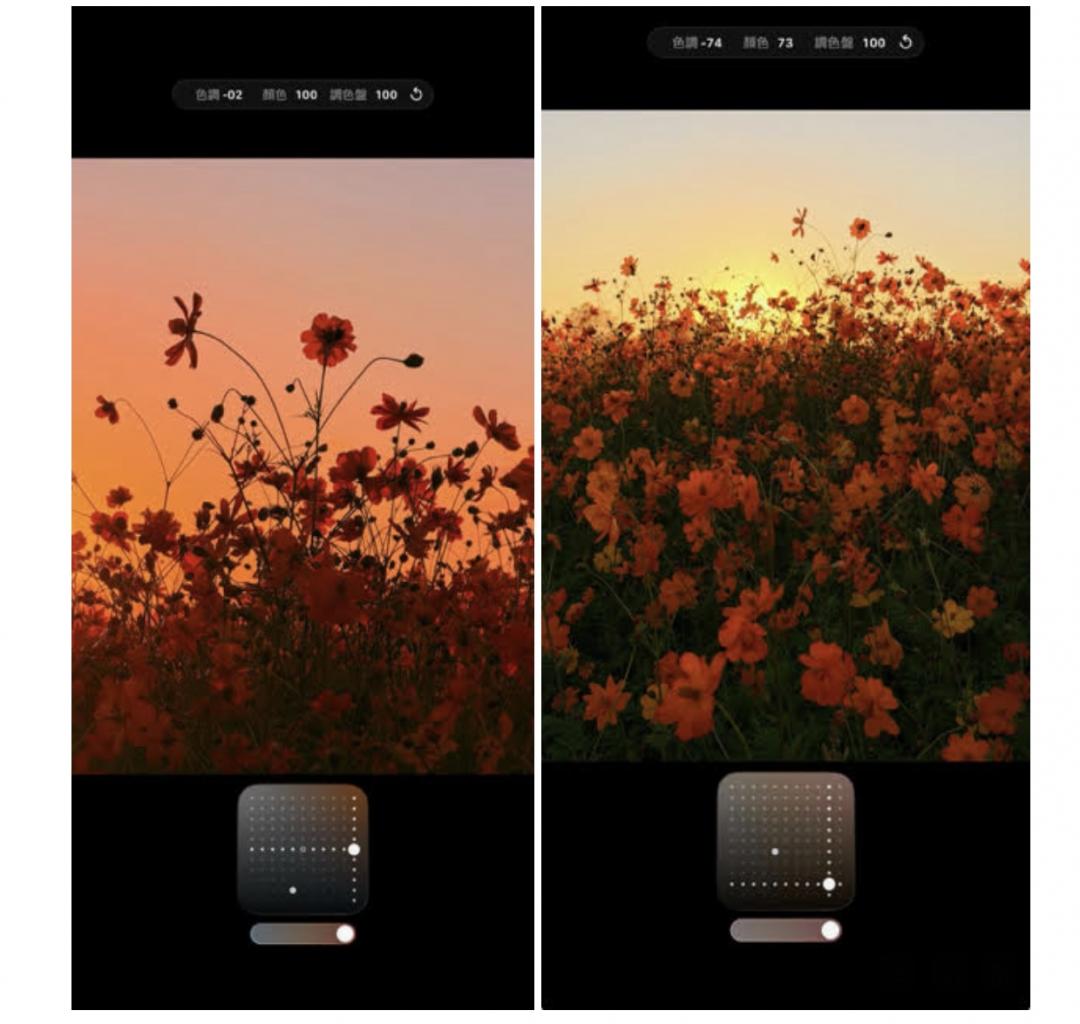 捕捉夕陽時刻或拍攝風景題材時，建議將攝影風格設定為「玫瑰金色」。可將調色盤向右下方向調整，可以獲得高對比、飽和度更高的照片，增加夕陽黃昏的暖色調表現，讓畫面呈現更有層次的光影與氛圍感。如果想讓天空的顏色呈現夢幻般的漸層黃昏色調，推薦使用「溫馨模式」，並將調色盤調整至中間偏右的位置，營造柔和且富有層次的夕陽氛圍。(圖／紀映光 @chillinlight )