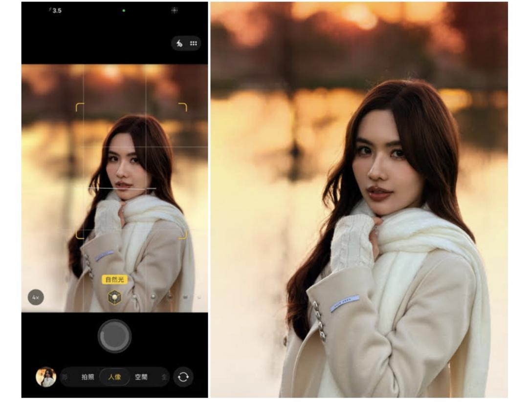 當在拍攝夕陽與人像時，先將攝影風格選擇「金色」，調色盤調整方式往右下調整。接著開啟「人像模式」並使用 4 倍鏡頭，將光圈設定為 f/3.5 ，按下快門即可拍出超美的夕陽人像照。(圖／紀映光 @chillinlight ／ 人像授權 Anny Chang @xannnyx)