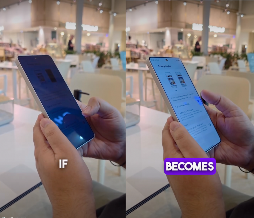 螢幕防窺功能是透過內建設定啟動，左為開啟效果，右是關閉。（圖／翻攝
Sahil Karoul
 X 帳號）