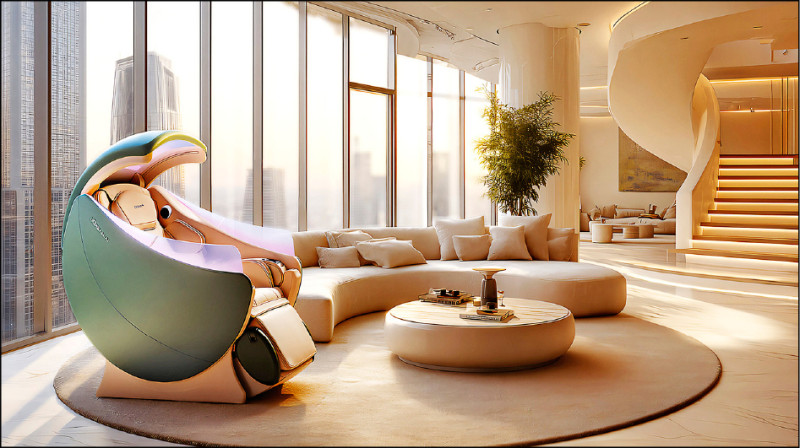 OSIM uDream.AI 5感養身椅以「鸚鵡螺」作為設計靈感，完整將使用者包覆其中，並透過零重力模式抬起使用者全身，減少背部與腰部的負擔。