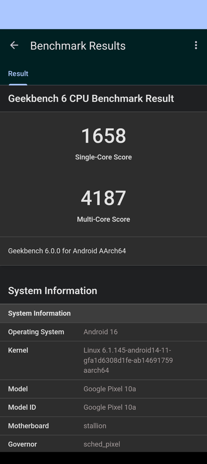 Pixel 10a通過GeekBench 6軟體進行跑分測試，繳出單核心1,658、多核心4,187的成績，與Pixel 9a、Pixel 9同級，日常使用App十分順手，不會有明顯卡頓。