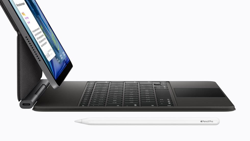 iPad Air M4可選配鍵盤變身類似筆電的型態，若要創作、書寫，則可搭配手寫筆使用。