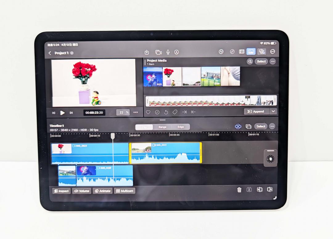 實測《Final Cut Pro》剪輯多軌4K影片，完全不會有延遲感。（記者吳佩樺攝）