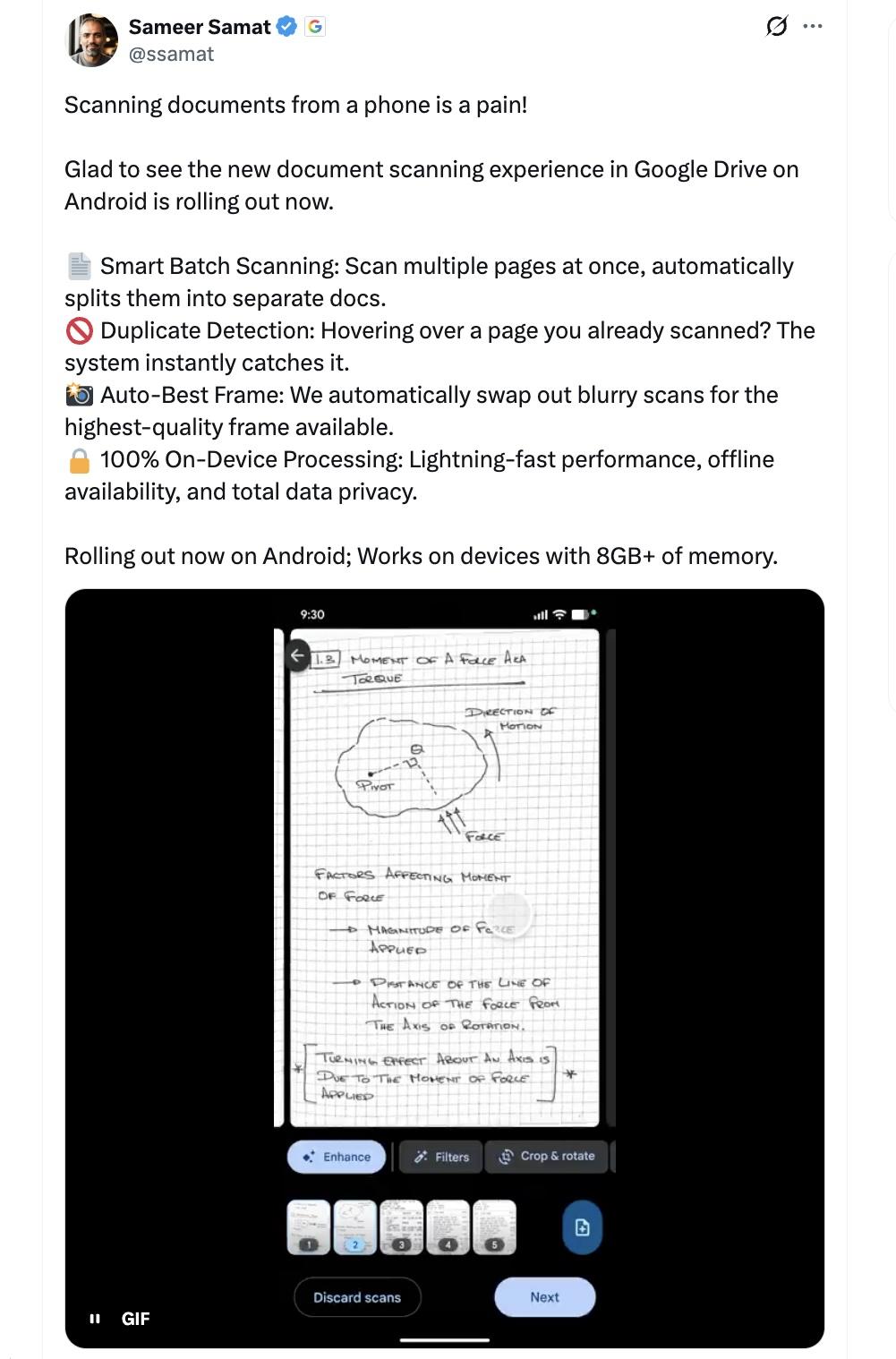 Android生態系總裁Sameer Samat在X(前推特)公布新消息。（圖／翻攝Ｘ）