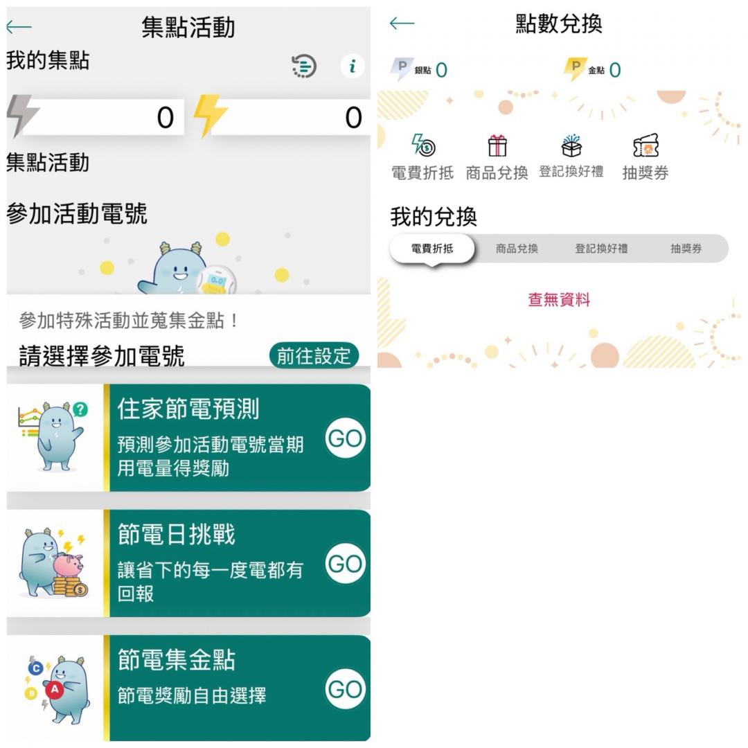 台灣電力 App的「電力即點專區」可累積金點,之後折抵電費。(圖/記者吳佩樺攝)