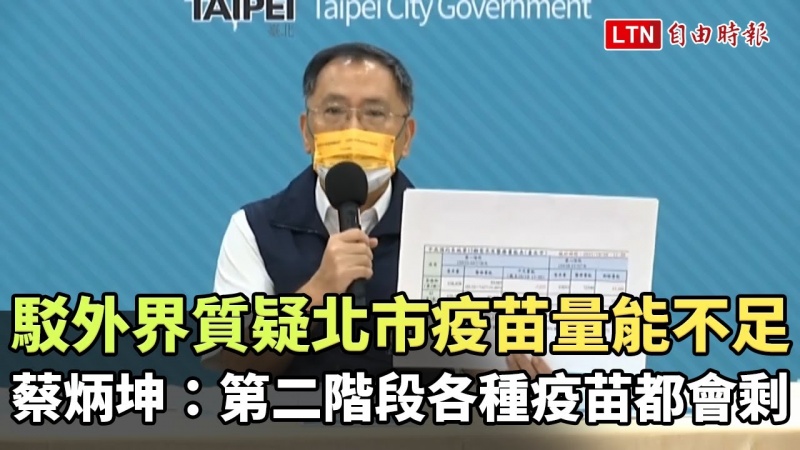 駁外界質疑北市疫苗量能不足 蔡炳坤:第二階段各種疫苗都會剩
駁外界質疑北市疫苗量能不足 蔡炳坤:第二階段各種疫苗都會剩