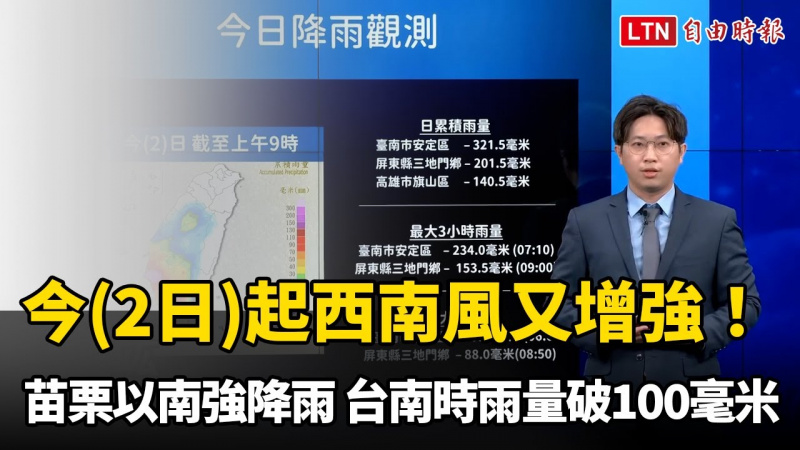 2日起西南風又增強！苗栗以南強降雨 台南時雨量破100毫米