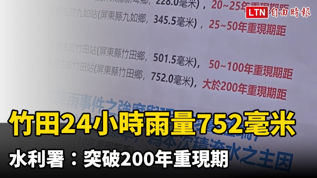 屏東竹田24小時雨量752毫米 水利署：突破200年重現期