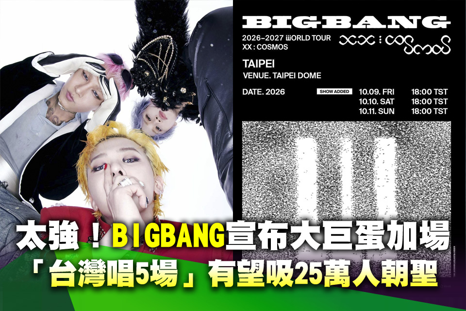 太強！BIGBANG宣布大巨蛋加場 「台灣唱5場」有望吸25萬人朝聖