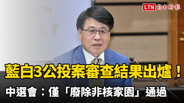 藍白3公投案審查結果出爐!中選會:僅「廢除非核家園」通過 藍白3公投案審查結果出爐!中選會:僅「廢除非核家園」通過
