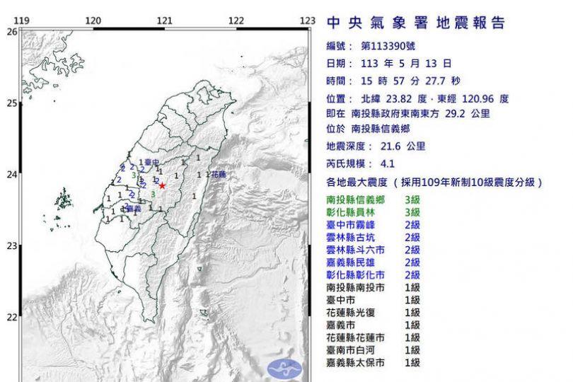 南投規模4.1地震 氣象署:非0403花蓮餘震