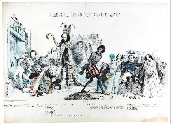 1839年刊登於《臨時諷刺報》的版畫，暗喻四位大作家試圖進入肯定法國作家的最高殿堂——法蘭西語文學院。左側門前的是詩人維尼，頭戴皇冠的是雨果，居中回眸者為亞歷山大．仲馬，右側身形矮肥者便是巴爾札克。