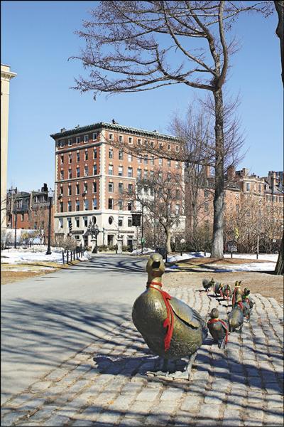 公園裡母鴨帶小鴨的雕塑深受小孩歡迎，故事出自1941年出版的童書《讓路給小鴨》（Make Way for Ducklings），述說一對綠頭鴨在波士頓公園養育小鴨的點滴。