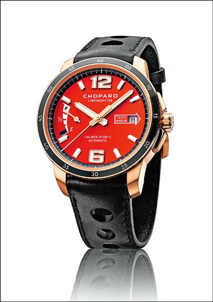 蕭邦推出2015 Mille Miglia車賽限量版腕錶，玫瑰金版本限量100只，參考價732,000元。（蕭邦提供）