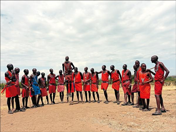 馬賽族男人圍成弧形，輪流出列彈跳，據說跳愈高的人愈受到歡迎和尊敬。