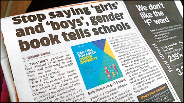 英國報紙對英國教師指導手冊《我可以告訴你性別的多樣性嗎（Can I Tell You About Gender Diversity）？》大篇幅報導。（胡蕙寧攝）