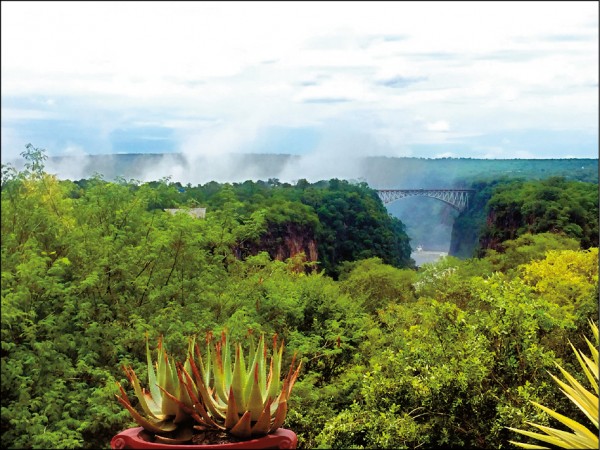 維多利亞瀑布飯店的後花園可以眺望瀑布及鐵橋。