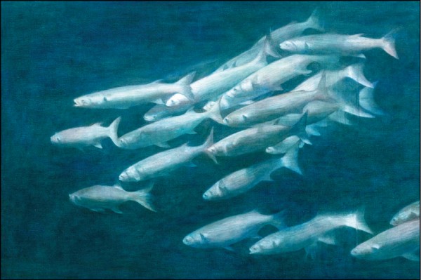 陳孟澤2004年〈初春〉以一系列近似莫內點描風格的自然風景獲印象大獎首獎，新作「水族」（圖）系列，「描寫水族館裡魚群的姿態，魚很特別，牠們不會擺姿勢給你畫，這張畫裡的魚集體往前游，很符合『前進』這個主題。」陳孟澤說，水族系列為蛋彩畫，相較油畫，顏色更圓潤、層次更豐富，且不易龜裂，但也需花更多時間疊色，描繪「水」的蔚藍和深邃感。（記者楊明怡）