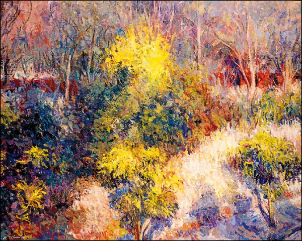 陳孟澤2004年〈初春〉（圖）以一系列近似莫內點描風格的自然風景獲印象大獎首獎，新作「水族」系列，「描寫水族館裡魚群的姿態，魚很特別，牠們不會擺姿勢給你畫，這張畫裡的魚集體往前游，很符合『前進』這個主題。」陳孟澤說，水族系列為蛋彩畫，相較油畫，顏色更圓潤、層次更豐富，且不易龜裂，但也需花更多時間疊色，描繪「水」的蔚藍和深邃感。（記者楊明怡）