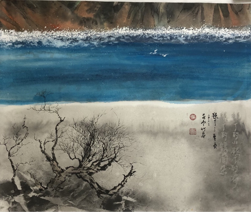 「墨韻瑯嶠」以東方水墨之美刻劃出南國風情，圖為莊壹竹作品〈墾丁三重奏〉。（馥蘭朵墾丁提供）