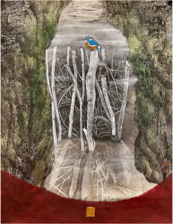 馥蘭朵墾丁2022年第二季畫展共展出19件作品，圖為黃龍英創作〈盼望〉。（馥蘭朵墾丁提供）