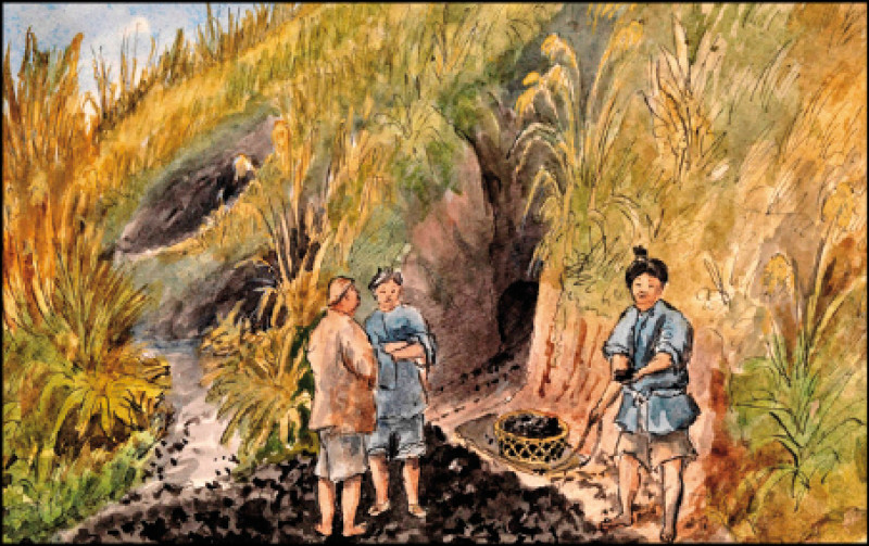 克里〈基隆煤礦〉，1846年1月10日做，水彩、紙，19×15.5cm，英國國家海事博物館典藏，是比洪瑞麟更早、堪稱台灣最早的「礦工畫」，此次展出為數位輸出。