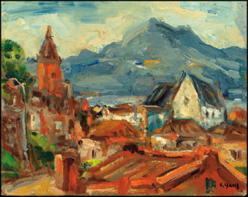 楊三郎〈淡水風景〉，年代待考，油彩、畫布，22×27.5cm，國立台灣美術館典藏。