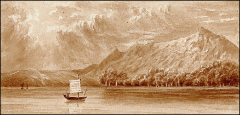 柯靈烏〈觀音山〉，1866年，水彩、紙，48.3×25cm，國立台灣歷史博物館典藏，應是最早的觀音山西畫圖像。