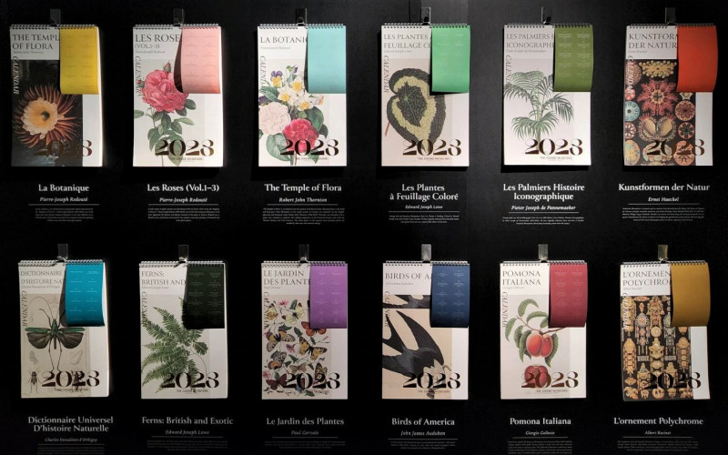 12款科學繪圖設計的2023年月曆。（記者凌美雪攝）