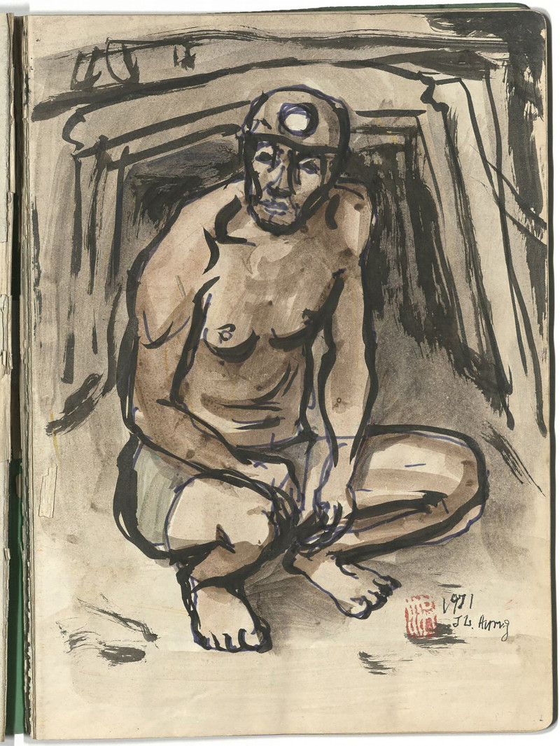洪瑞麟，〈礦工（1）〉，1971，彩墨、簽字筆、紙，26.6×19.5公分，文化部典藏。（文化部提供）