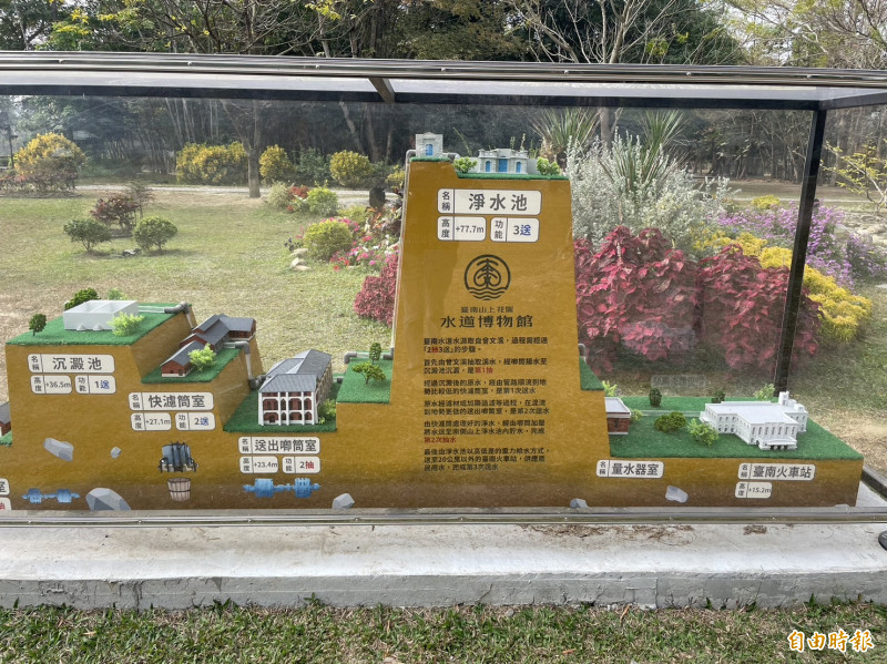 山上花園水道博物館前身為原台南水道，由日籍技師濱野彌四郎設計，館內新裝置藝術重現「二抽三送」輸水系統。（記者劉婉君攝）