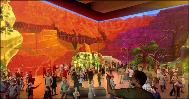 〈更大的大峽谷〉於「大衛．霍克尼：更大更近（而不是更小更遠）」沉浸式藝術展中投影呈現。（大衛．霍克尼與Lightroom提供）