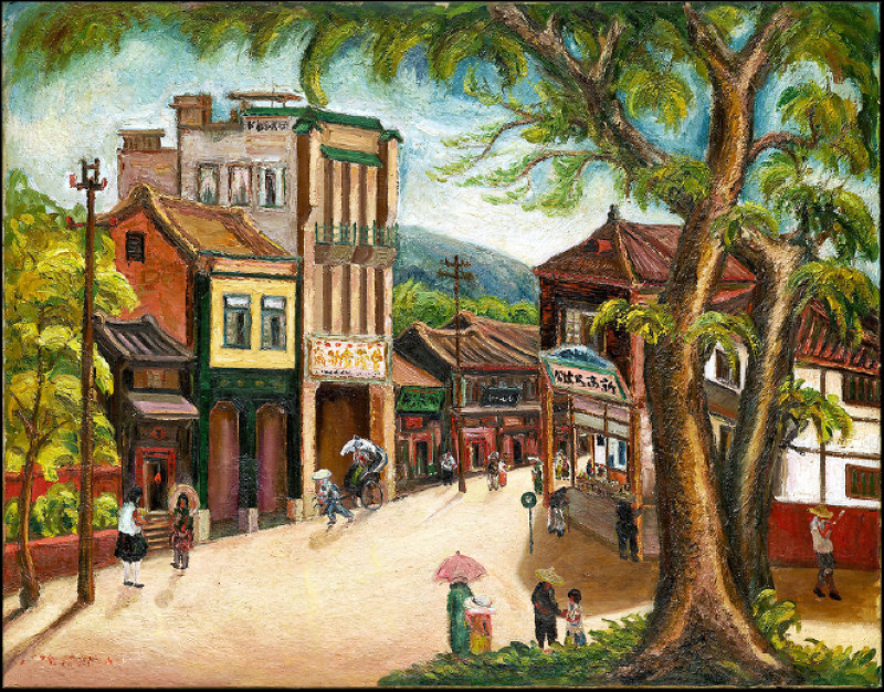 陳澄波〈嘉義街景〉描繪了「新高寫真館」（圖右），1934年，畫布油彩，91×116.5cm。（私人收藏，李梅樹紀念館提供）