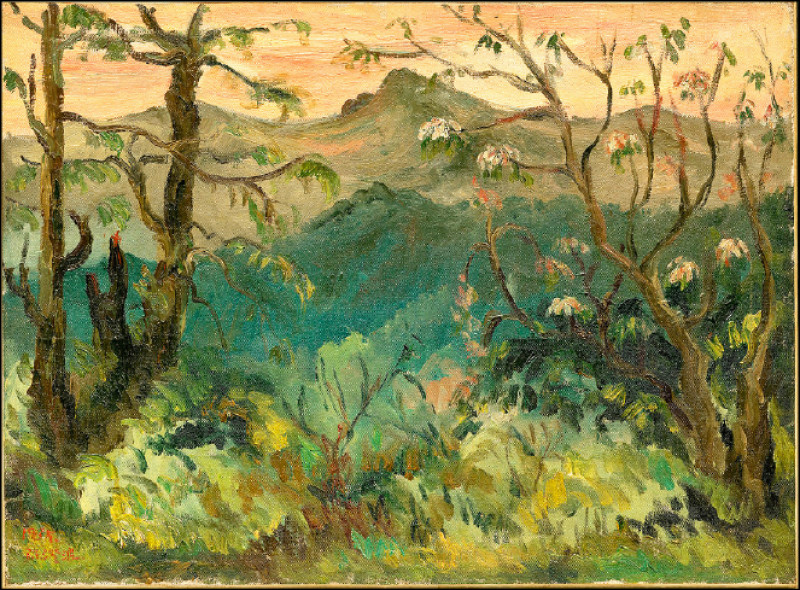陳澄波繪於1935的〈阿里山遙望玉山〉，畫布油彩，53×72cm。（高美館典藏，李梅樹紀念館提供）