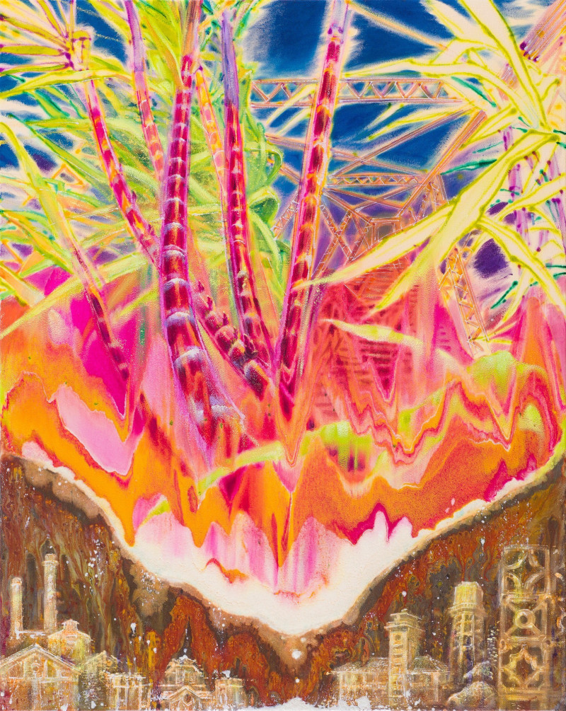 「白宮浪藝」版畫藝術家江威儒為伏流祭設計主視覺，以日暮天色融合虎尾製糖產業。（「雲林100種生活」團隊提供）