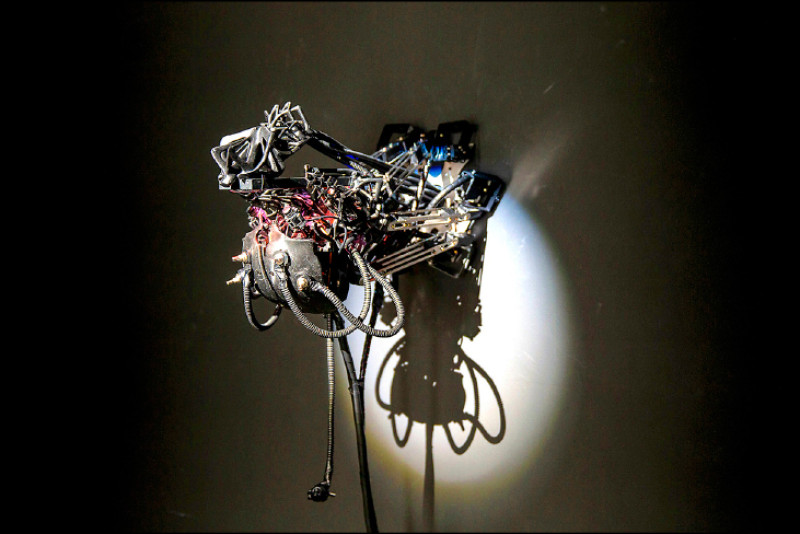 賴俊廷掛在牆上的作品，讓人聯想到龍首。（北美館提供）