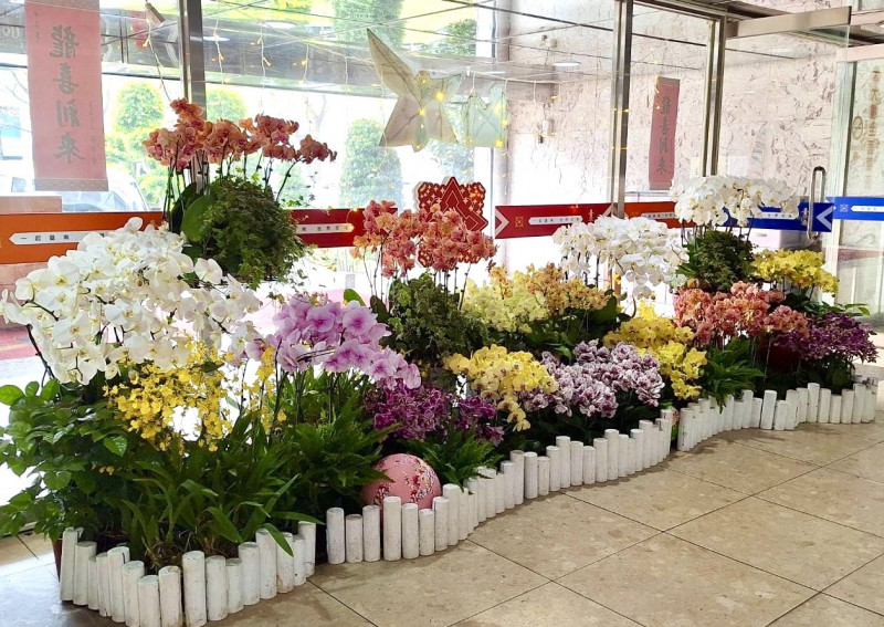台南市府在永華市政中心的花藝佈置以「花園饗宴」為主題，佈置出色彩繽紛的夢幻蘭園。（市府秘書處提供）