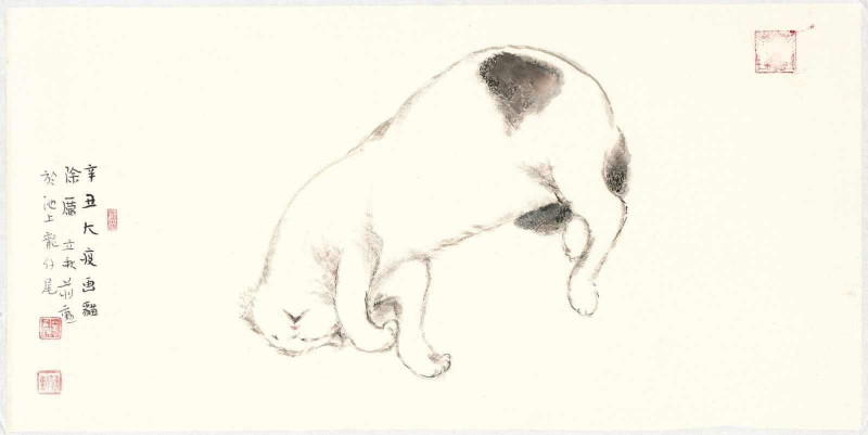 蔣勳〈大疫畫貓除厲〉，2021，水墨紙本，45x91cm （立秋）。（台南晶英酒店提供）