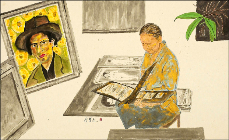 李賢文將陳澄波自畫像與張捷女士看著先生遺作的畫面融合。