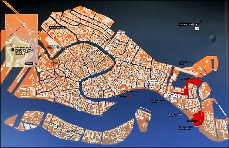 從雙年展地圖上標示出的國家代號與平行展編號，可發現展覽散布在整個城市。