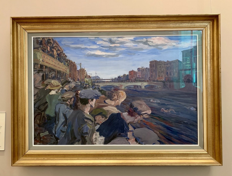 畫家葉慈在1924年獲巴黎奧運藝文競賽項目銀牌的畫作〈都柏林利菲河泳賽〉。（楊子葆提供）